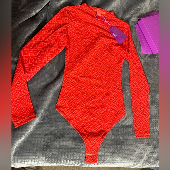 SKIMS Tops - SKIMS x FENDI Red Long-Sleeve Logo Jacquard Bodysuit